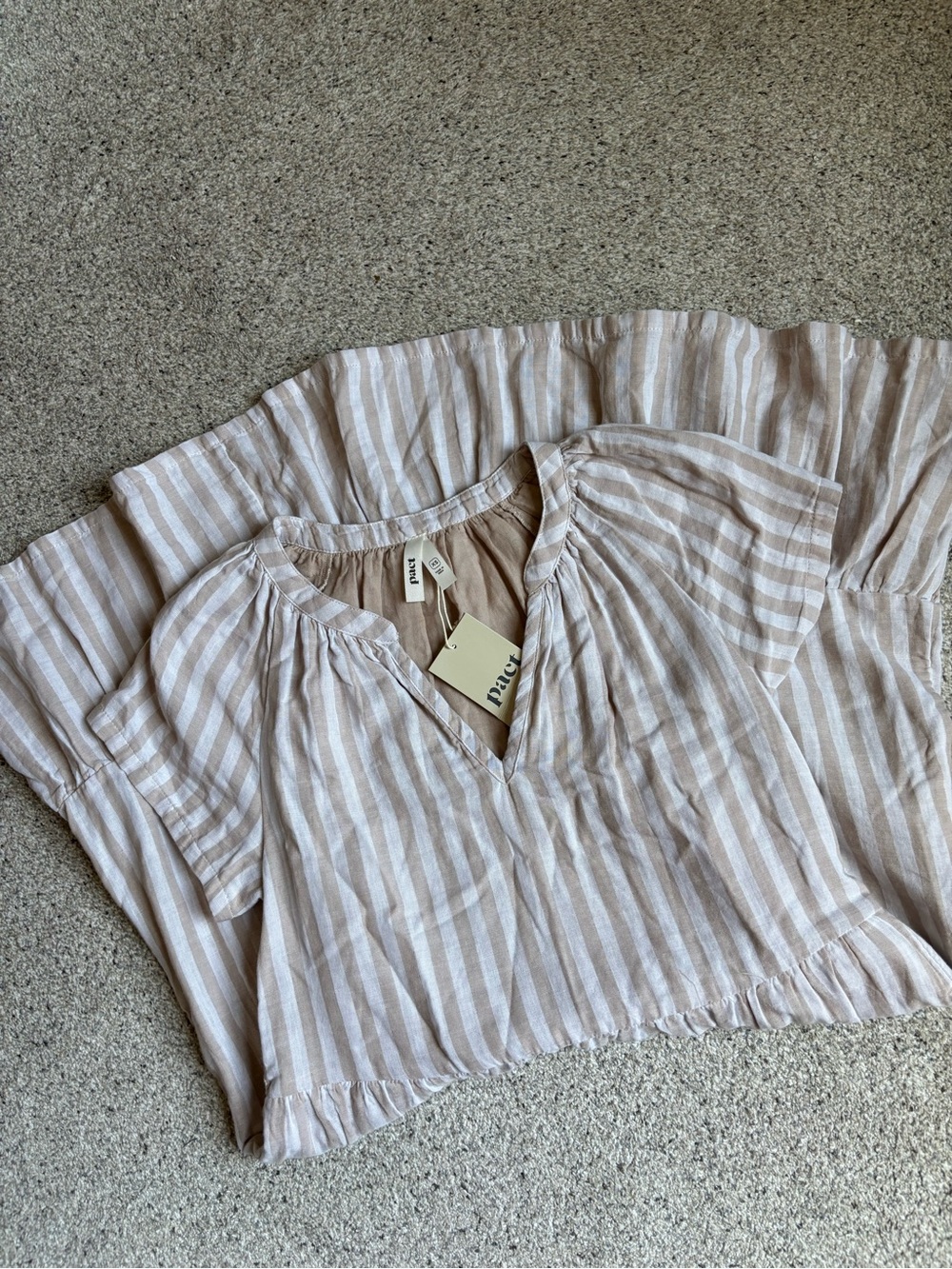 NWT Pact Cream and Light Gray Striped V‑Neck Tiered Dress - Picture 4 of 5